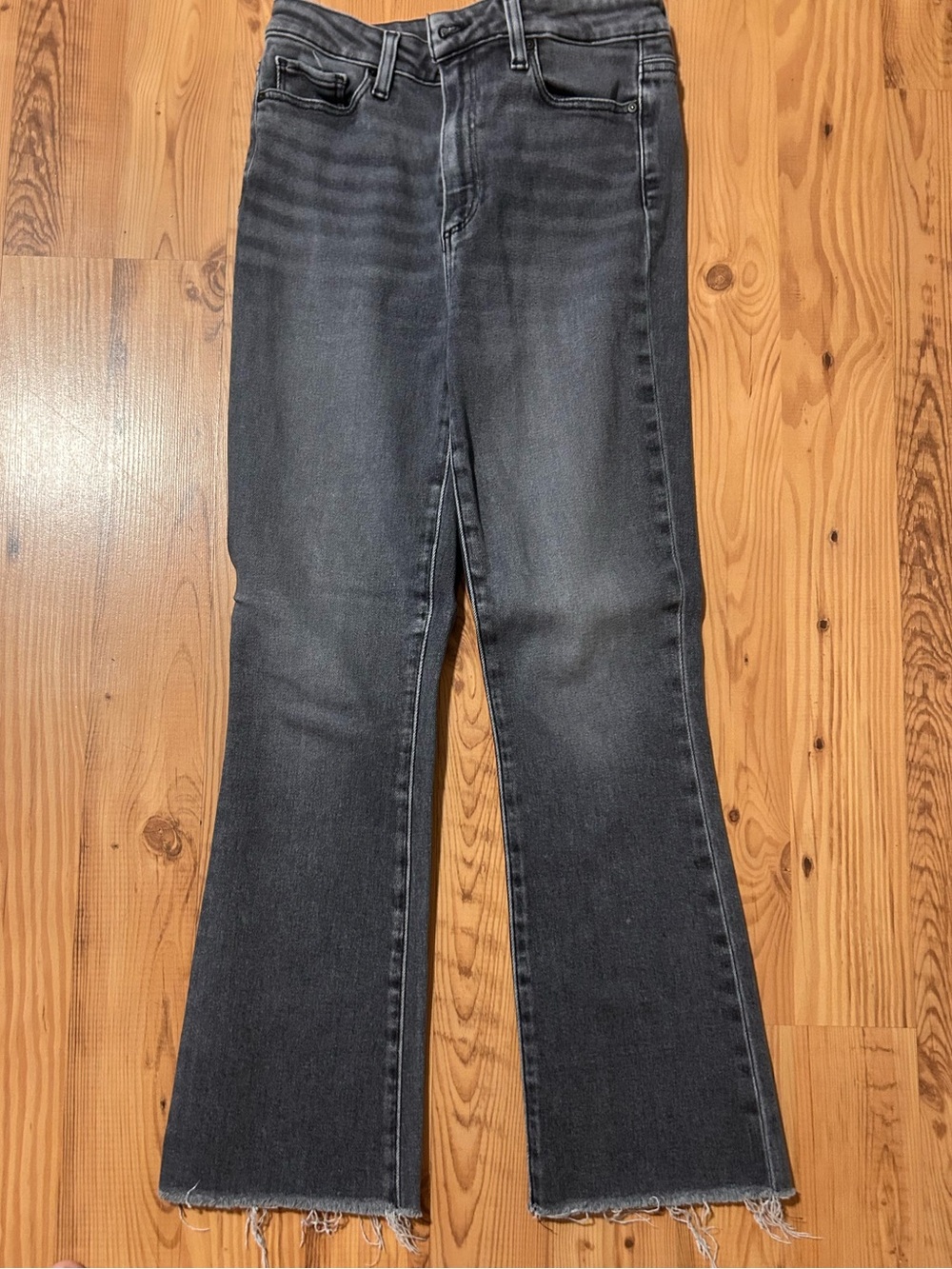 PAIGE Washed Black Flare Jeans with Raw Hem
